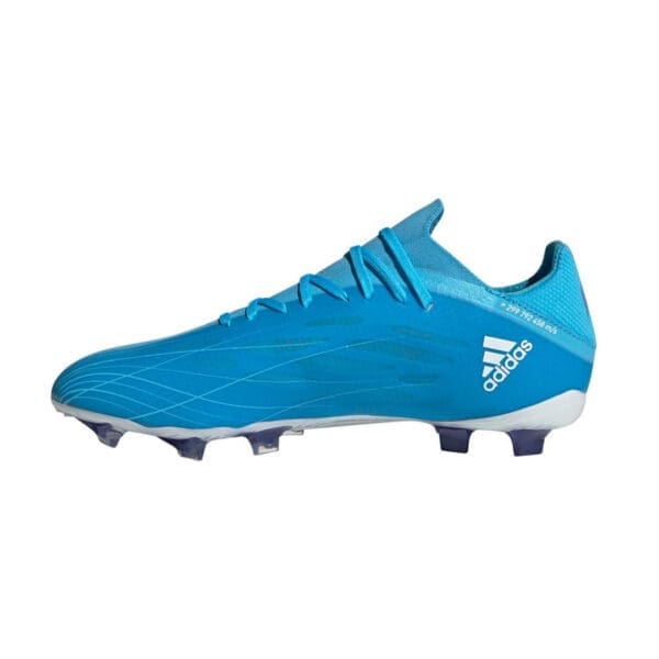 Blue Adidas soccer cleats with white logo.