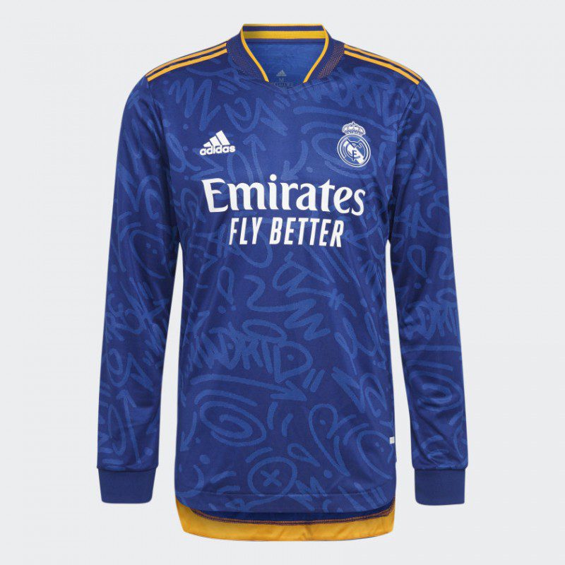 ADIDAS REAL MADRID MEN'S AUTHENTIC AWAY LONG SLEEVE JERSEY 2021-2022-  VICTORY BLUE - WHITE - LUCKY ORANGE