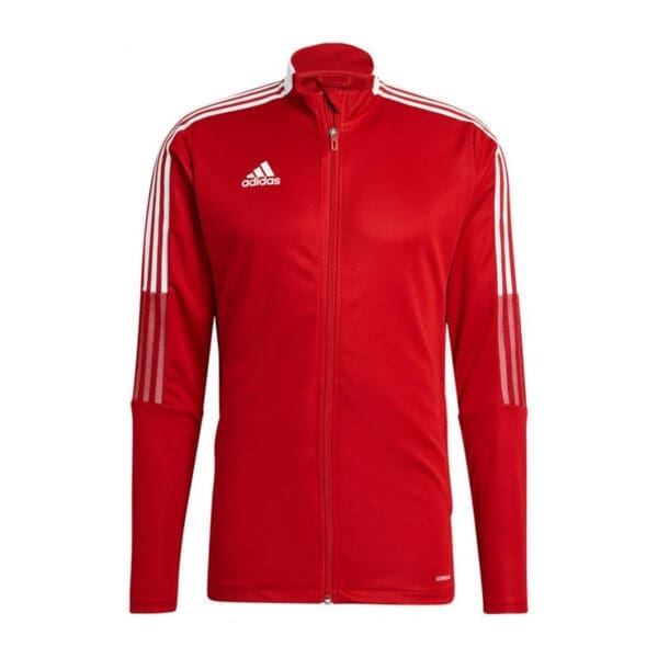 Red Adidas zip-up jacket with white stripes.