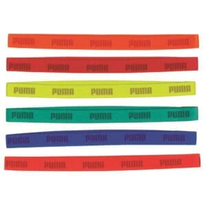 Six colorful Puma brand wristbands.