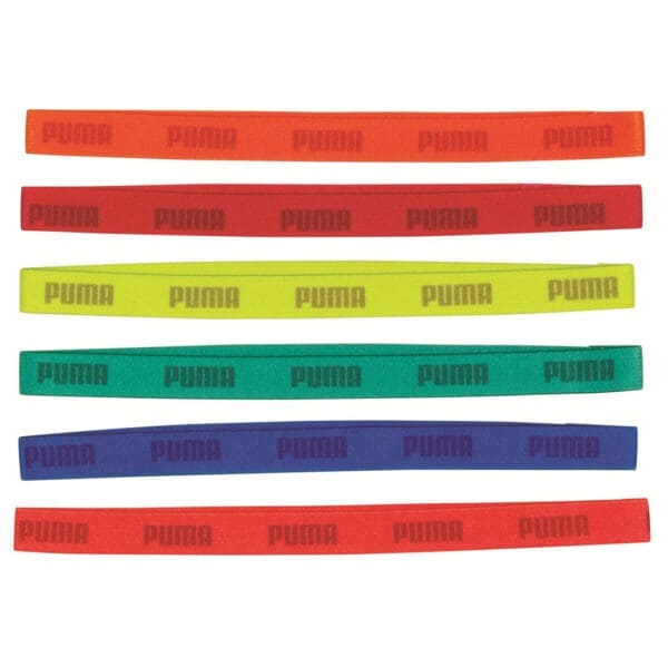 Six colorful Puma brand wristbands.