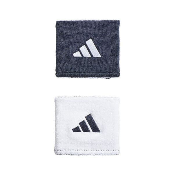 Two adidas wristbands, one white, one blue.