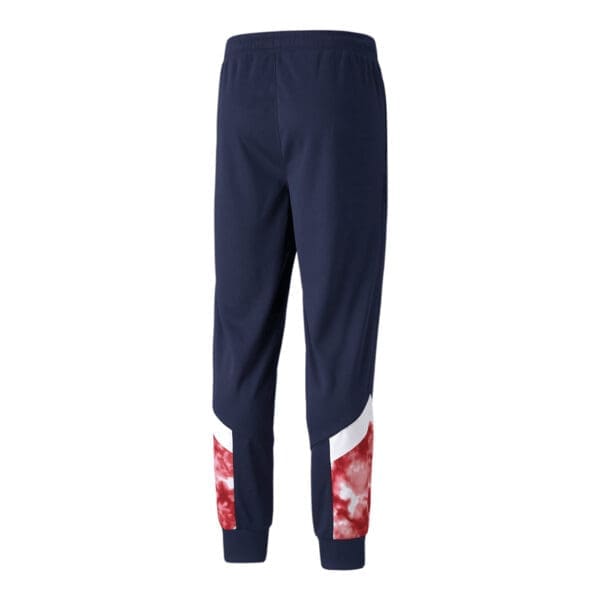 Navy blue sweatpants with red and white accents.