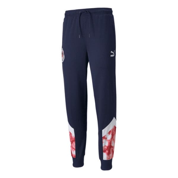 Blue Puma sweatpants with red tie-dye.