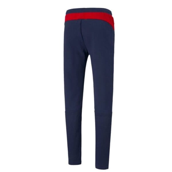 Blue sweatpants with red waistband