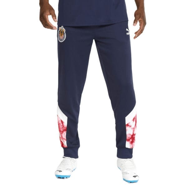 Navy blue soccer team sweatpants with logo.