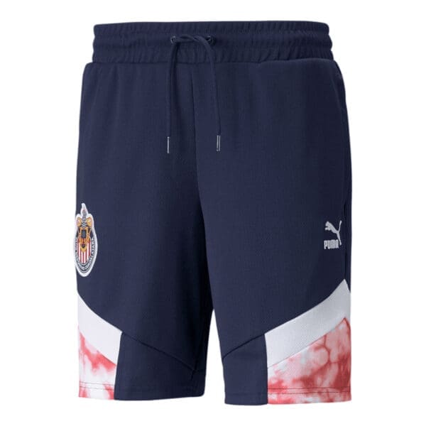 Blue Puma athletic shorts with team logo.