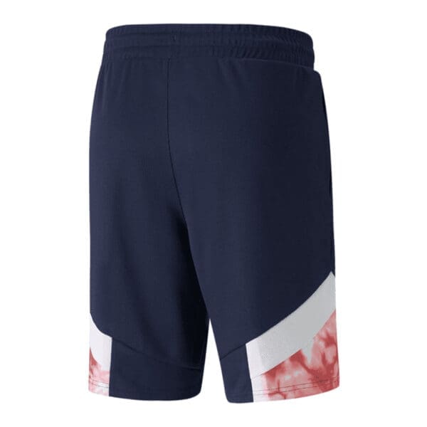 Navy blue athletic shorts with pink design.