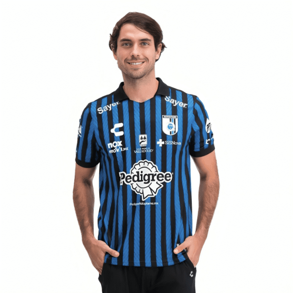 Man wearing a blue and black striped soccer jersey.