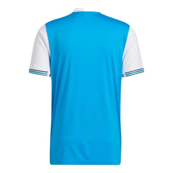 Blue and white soccer jersey back view.