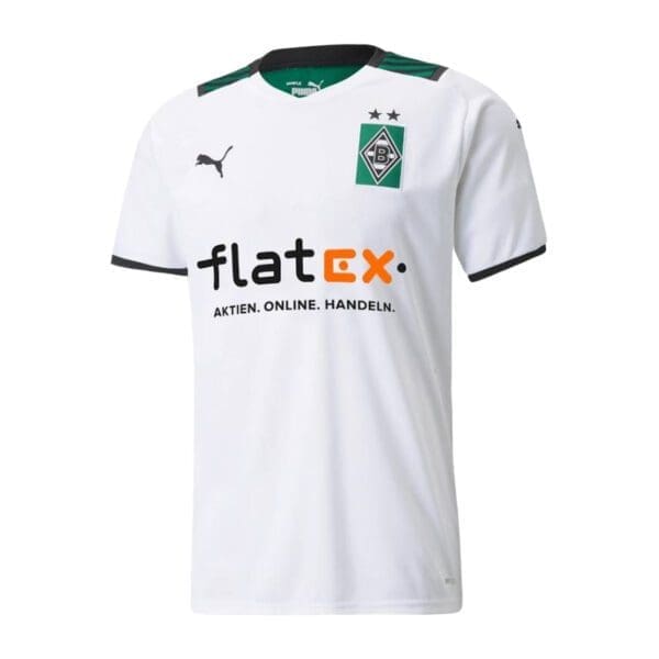 White soccer jersey with green and black accents.