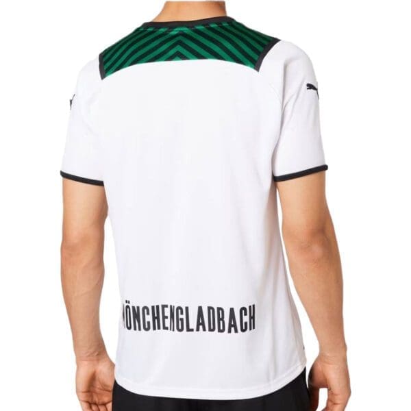 White soccer jersey with black & green details.