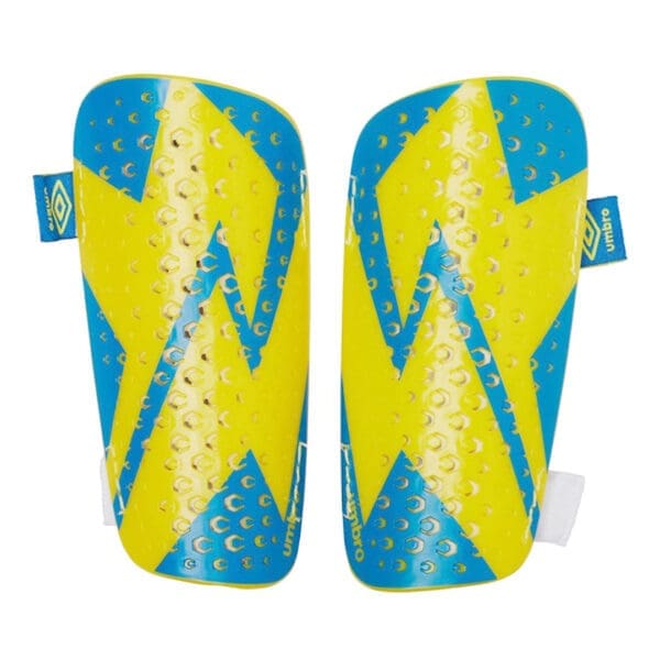 Yellow and blue football shin guards.