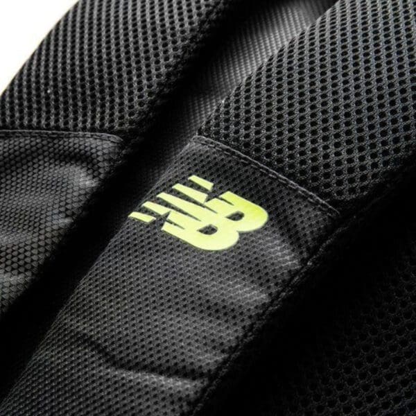 Black New Balance backpack with yellow logo.