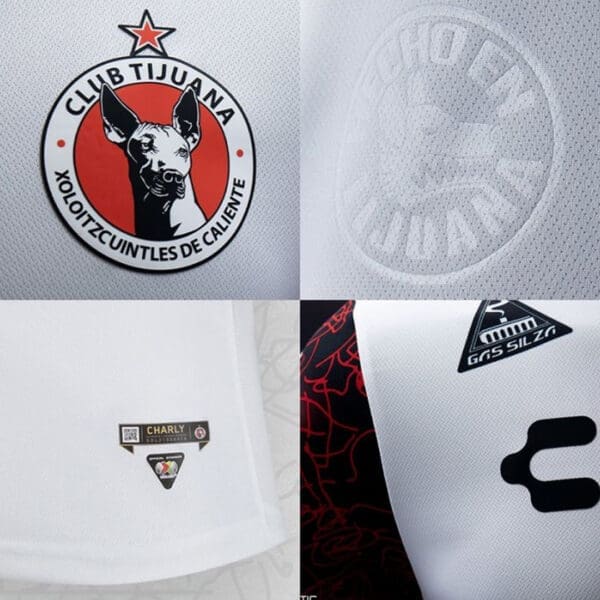 White soccer jersey with dog logo.