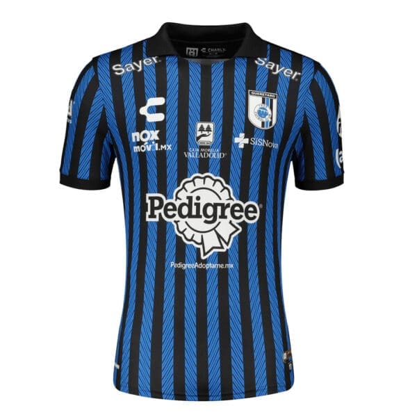 Blue and black striped soccer jersey.