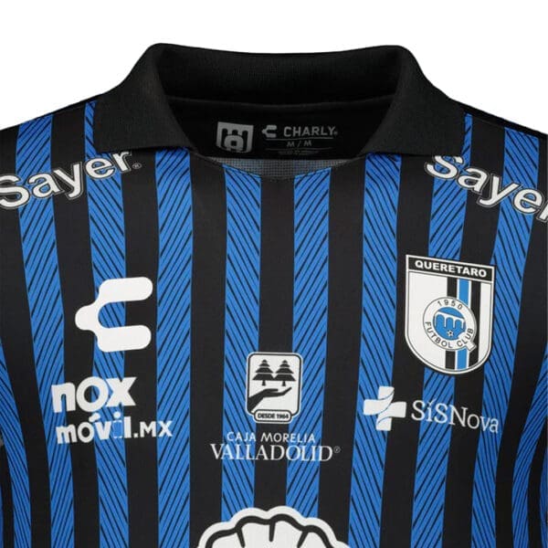 Queretaro FC soccer jersey, black and blue stripes.