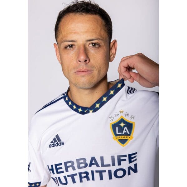 LA Galaxy soccer player in white jersey.