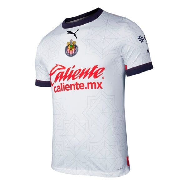 White soccer jersey with red logo and sponsor.