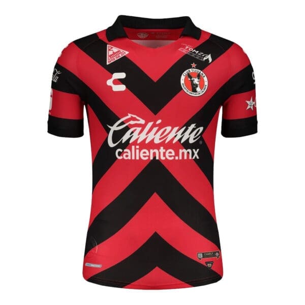 Red and black soccer jersey with logo.