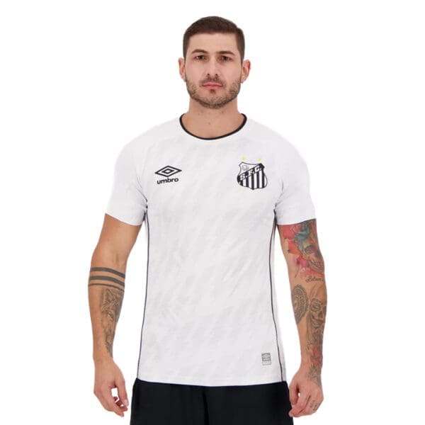 White soccer jersey with So Paulo FC logo.