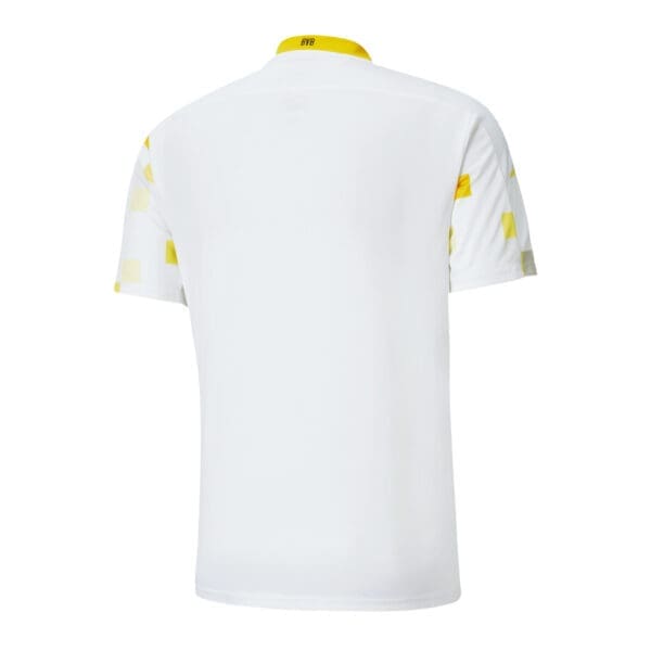 White soccer jersey with yellow accents.