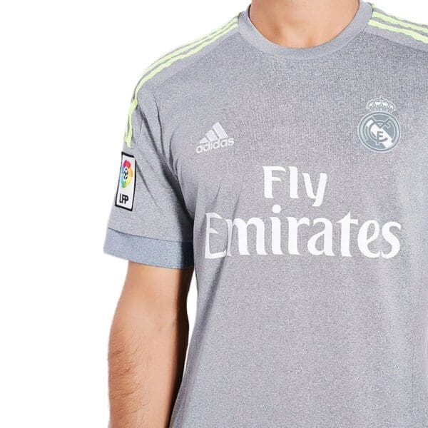 Gray Real Madrid Adidas jersey with Fly Emirates logo.