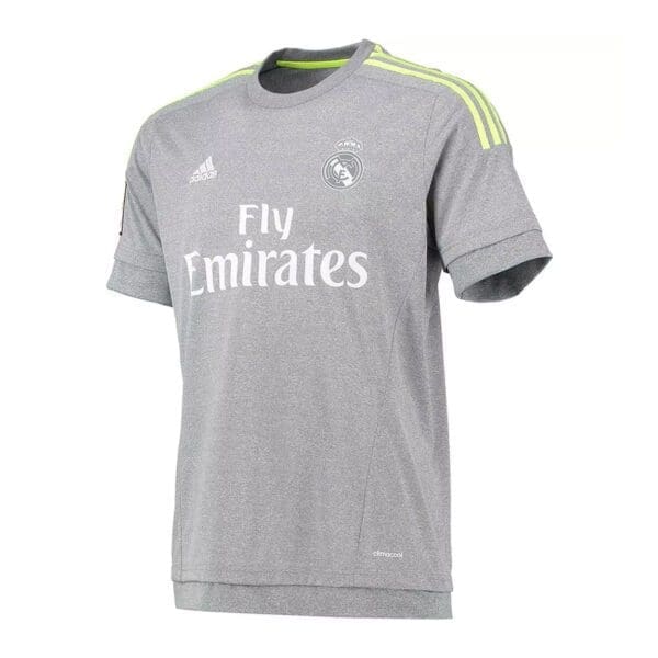 Grey Real Madrid soccer jersey with Fly Emirates logo.