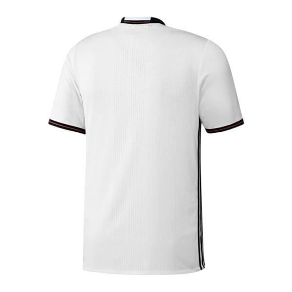 White soccer jersey with black stripes.