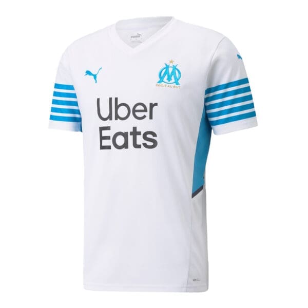 White and blue soccer jersey with Uber Eats logo.