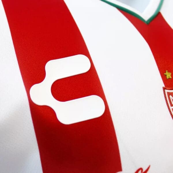 White logo on a red and white stripe.