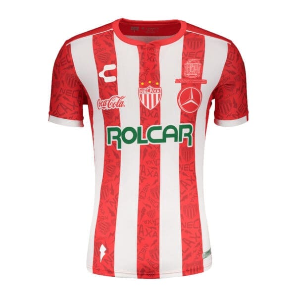 Red and white striped soccer jersey.