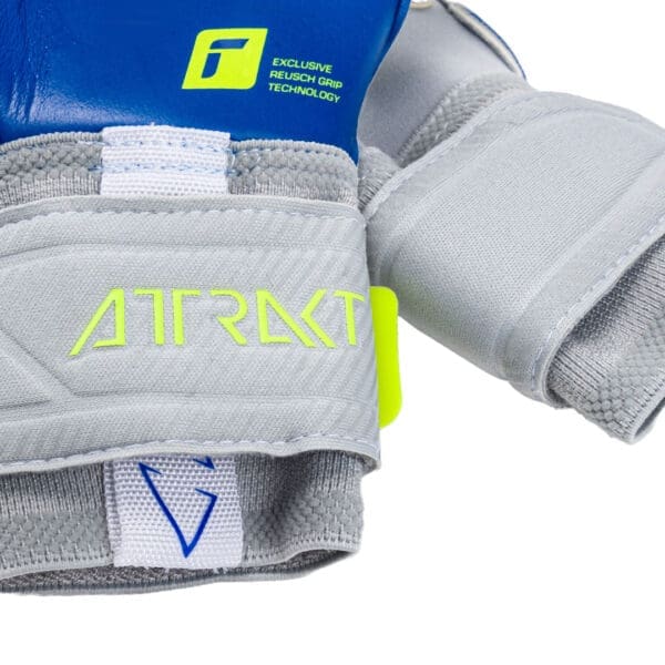 Gray and blue goalkeeper gloves with a yellow logo.