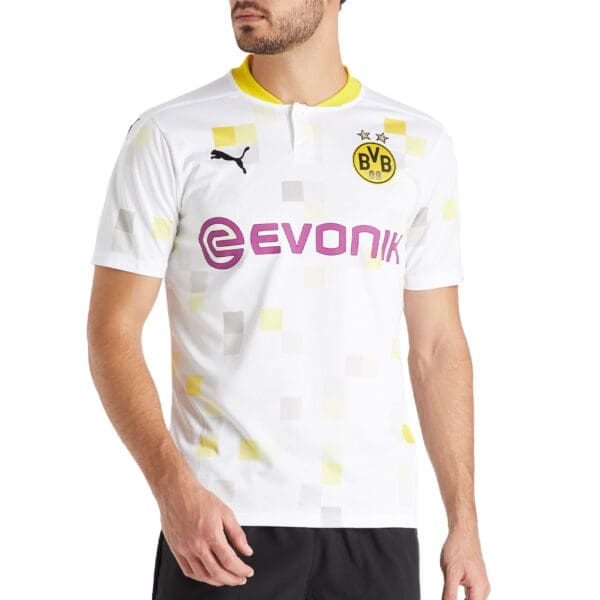 Man wearing white Borussia Dortmund jersey