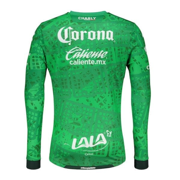 Green soccer jersey with sponsors.