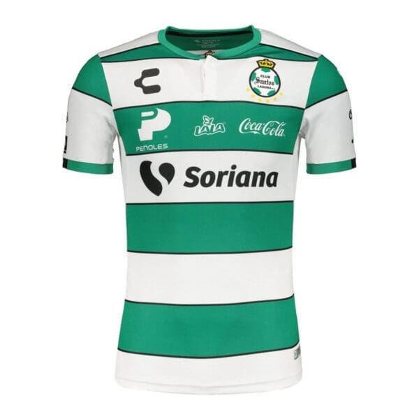 Santos Laguna soccer jersey with sponsors.