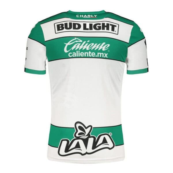 White soccer jersey with green stripes.