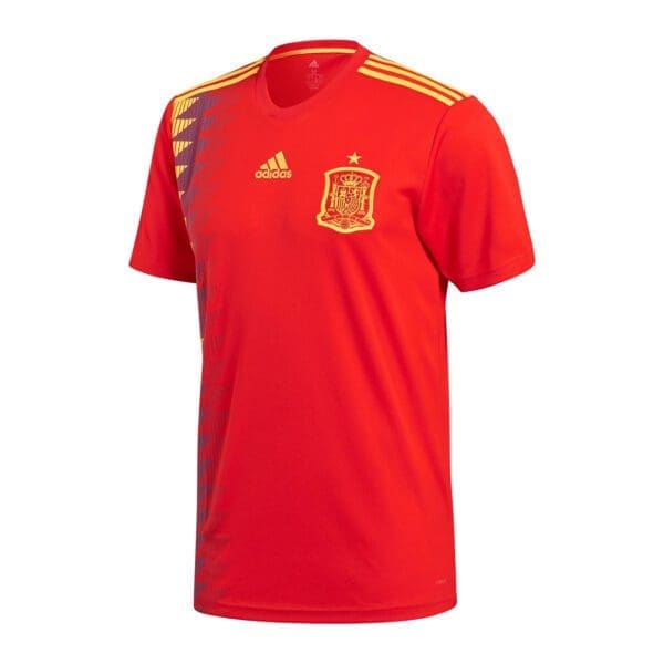 Spain Adidas soccer jersey, red with yellow accents.