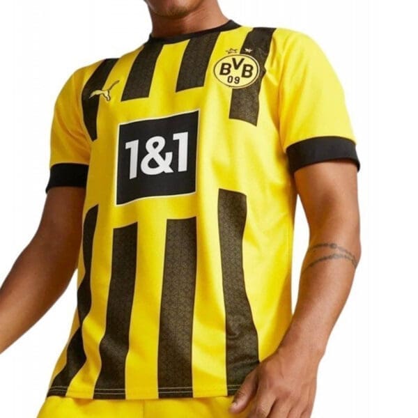 Yellow and black striped Borussia Dortmund jersey.