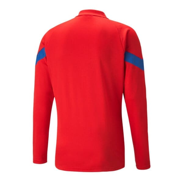 Red long-sleeved shirt with blue stripes.