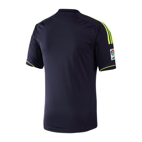 Navy blue soccer jersey with yellow trim.