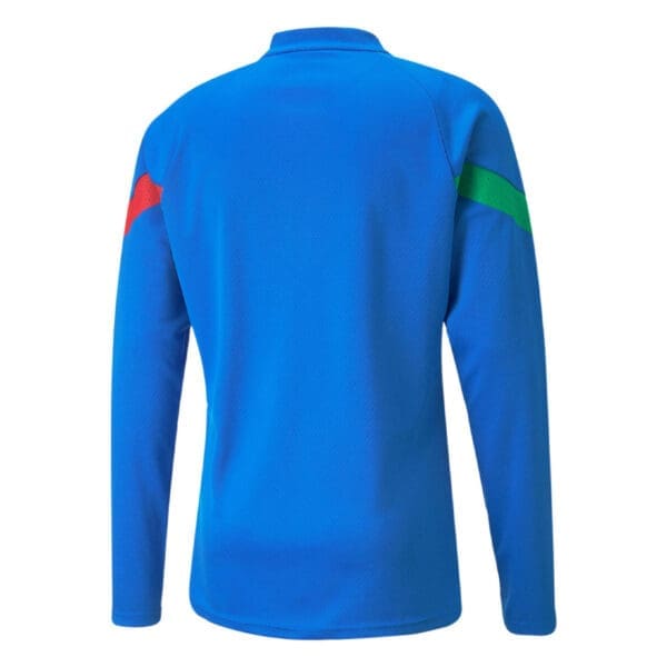 Blue long-sleeve shirt with red and green stripes.