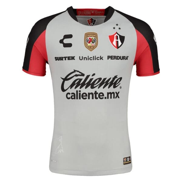 Gray and red soccer jersey with logo.