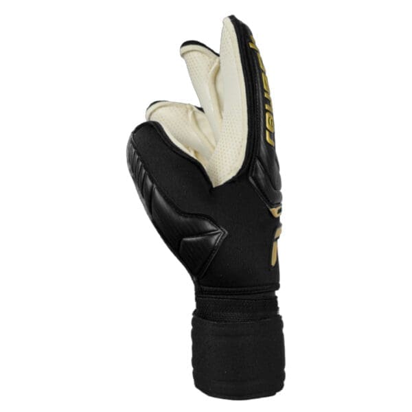 Black and gold goalkeeper gloves.