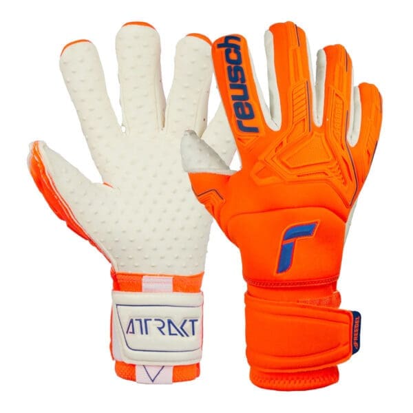 Orange and white goalkeeper gloves.