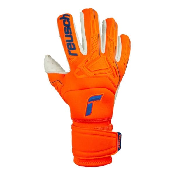 Orange and blue goalkeeper gloves.