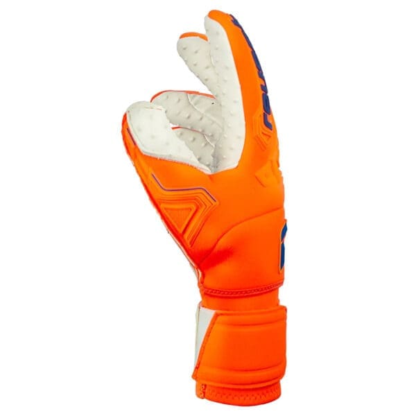 Orange and blue goalkeeper glove.