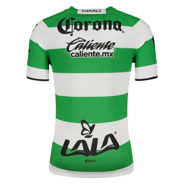 Green and white striped soccer jersey.