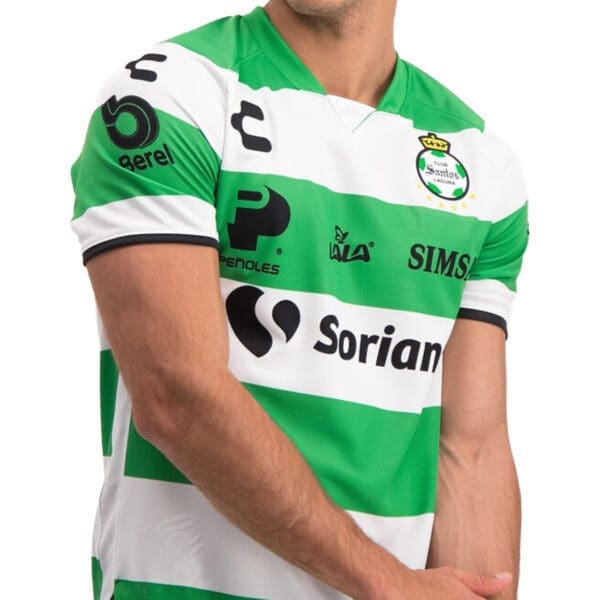 Santos Laguna soccer jersey, green and white stripes.