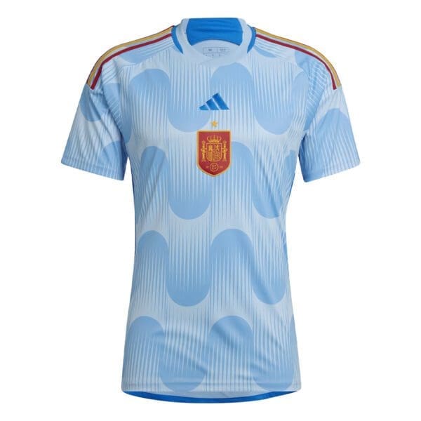 Spain soccer jersey with blue pattern.